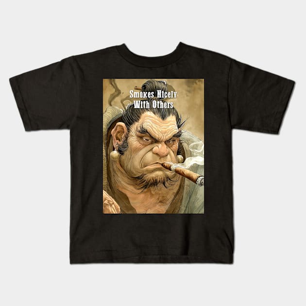 Puff Sumo: Cigar Smoking Puff Sumo on a Dark Background Kids T-Shirt by Puff Sumo